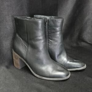 Lucky Brand Black Leather Wooden Block Heel Ankle Booties Boot Shoes